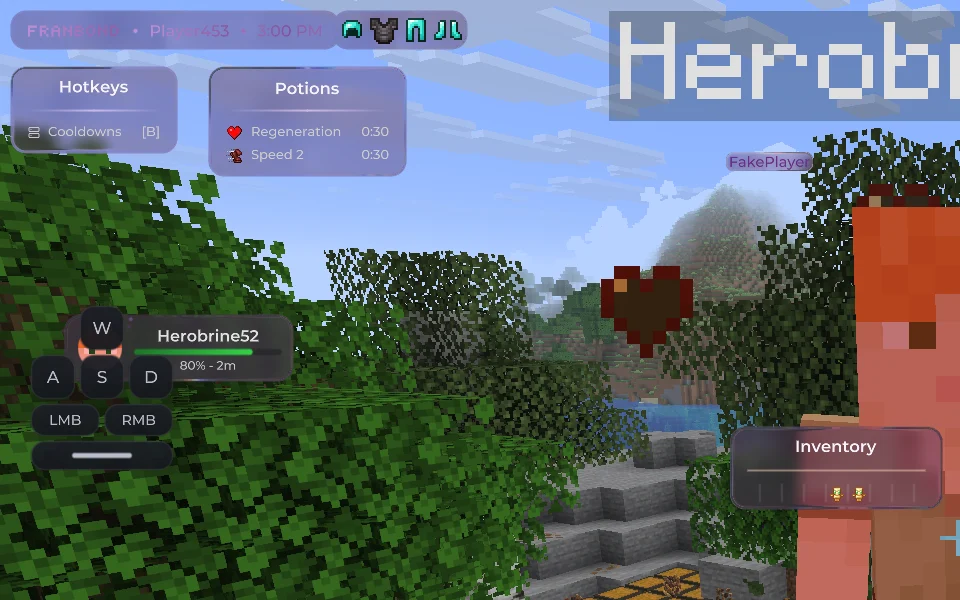 Draggable glass HUD panels: Watermark, Hotkeys, Potions, Target Hud, Key Strokes and Inventory