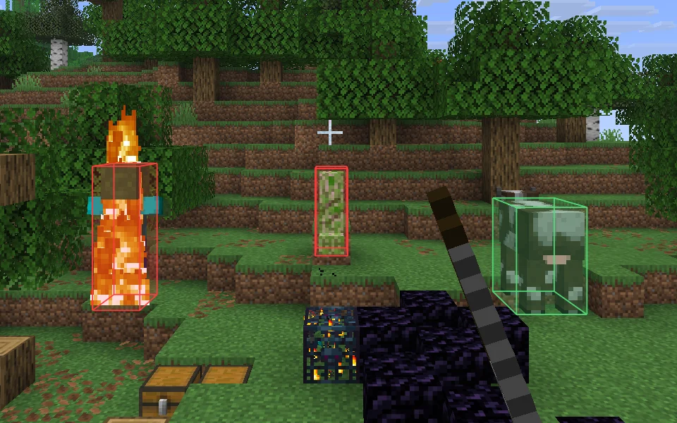 Mob ESP drawing boxes around mobs in Minecraft, colored by hostility